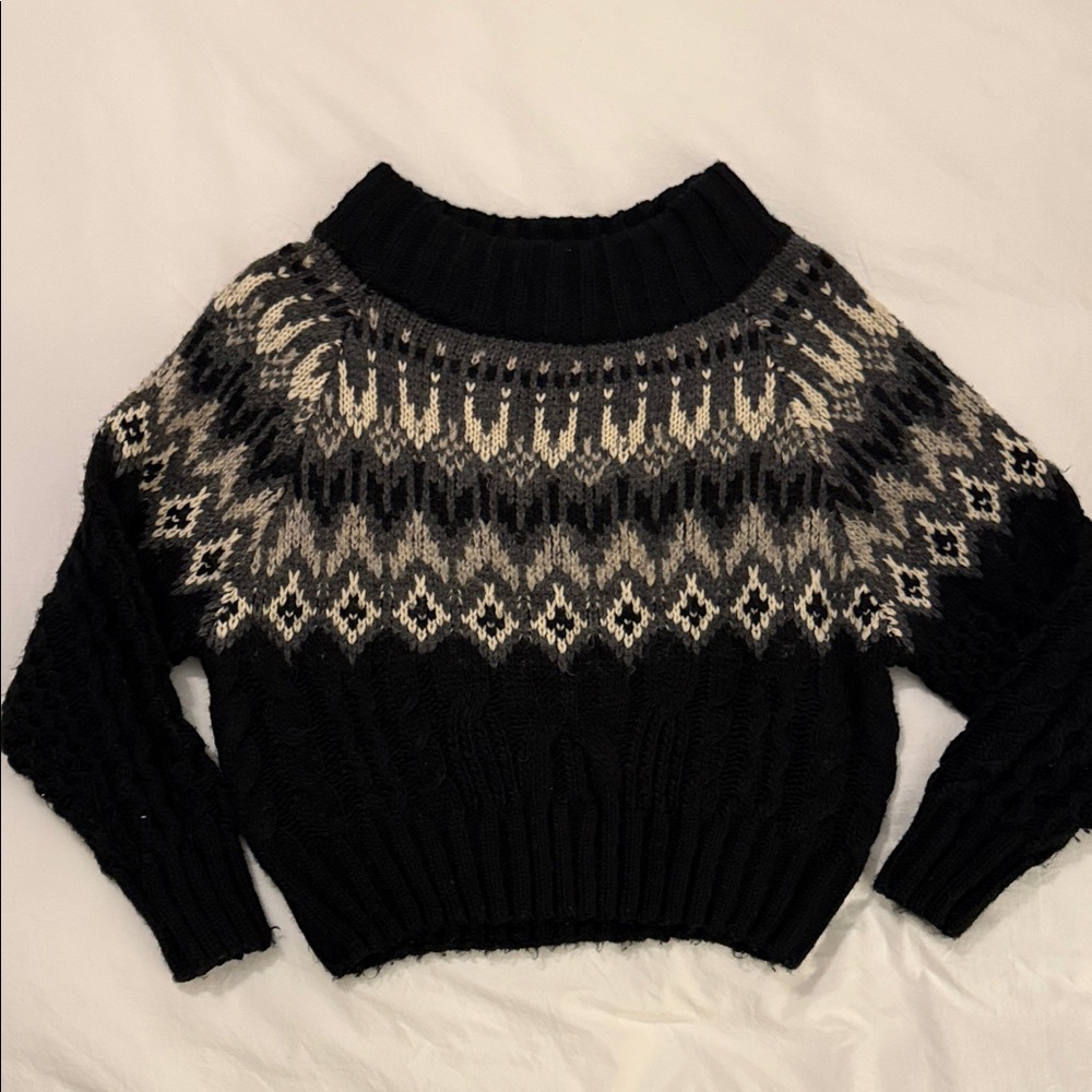 Evereve John and Jenn Black and Gray Patterned Women's Fairisle Boatneck Sweater